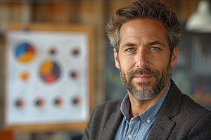 A confident middle-aged Caucasian man with a beard in a stylish blazer, posing, a Person Photo by ImageMir