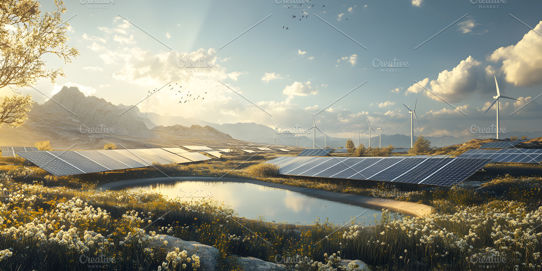 Solar panels and wind turbines in sp, a Food & Drink Photo by Photostock
