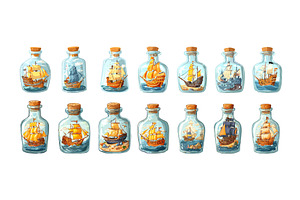 Ships in bottle cartoon vector set, an Animal Illustration by Onyx