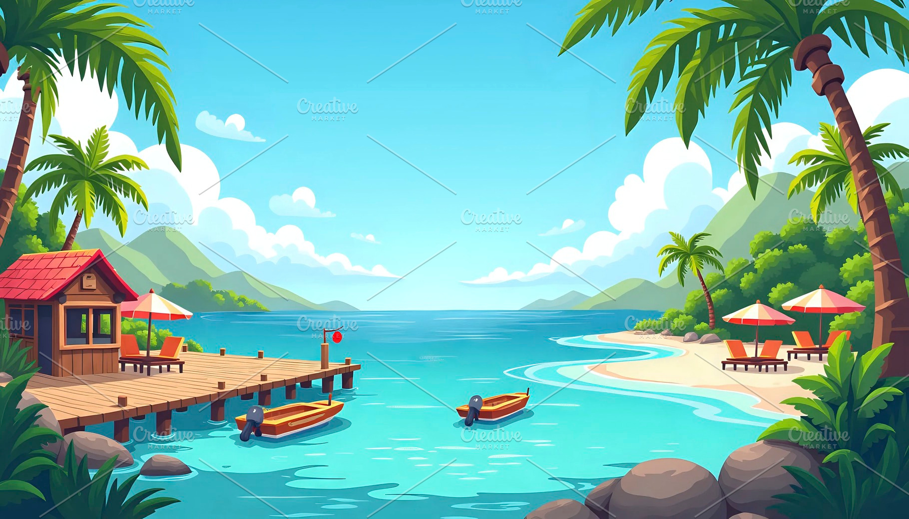 Island Pier With Boats And Seaside C, a Photo by LOGOCREATIVE