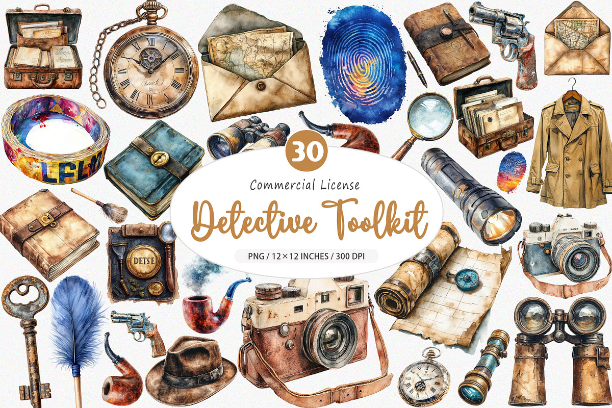 Watercolor Detective Toolkit PNG, an Illustration by SinaCreation (Photo 1 of 5)