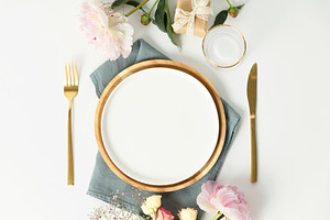 Beautiful table setting with golden cutlery and peony flowers, m, a Food & Drink Photo by Natalia Klenova's Shop