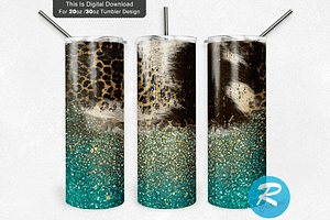 Teal Golden Glitter Leopard Cowhide