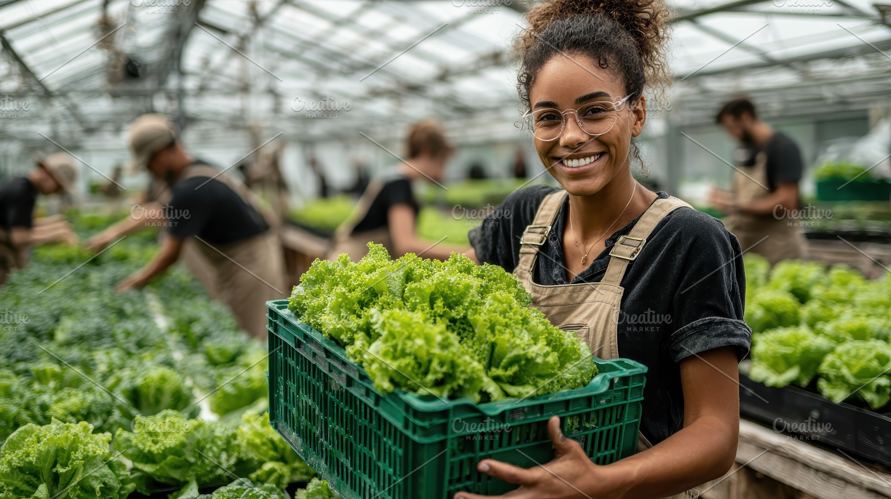 Greenhouse worker smiling holding cr, a Photo by Pixeness Studio