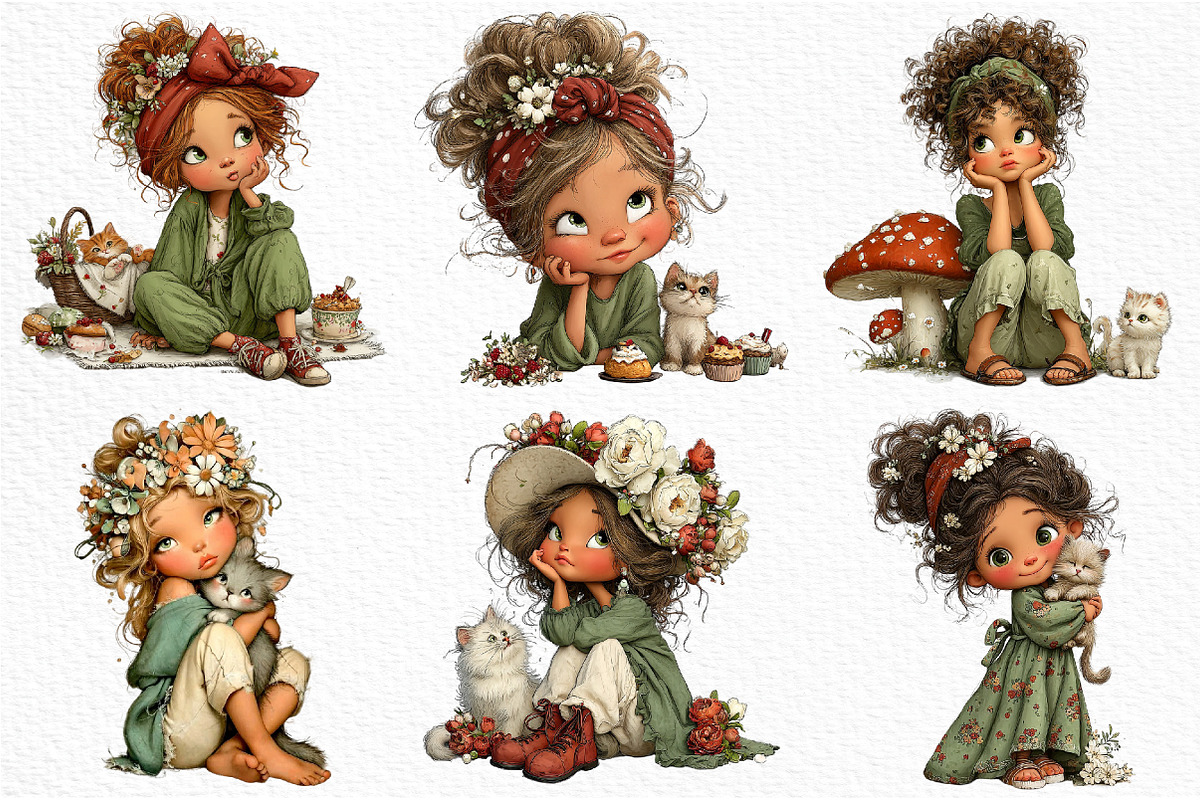 Whimsical Girl with Cat Clipart, a Seasonal Illustration by Craft Nest (Photo 3 of 6)