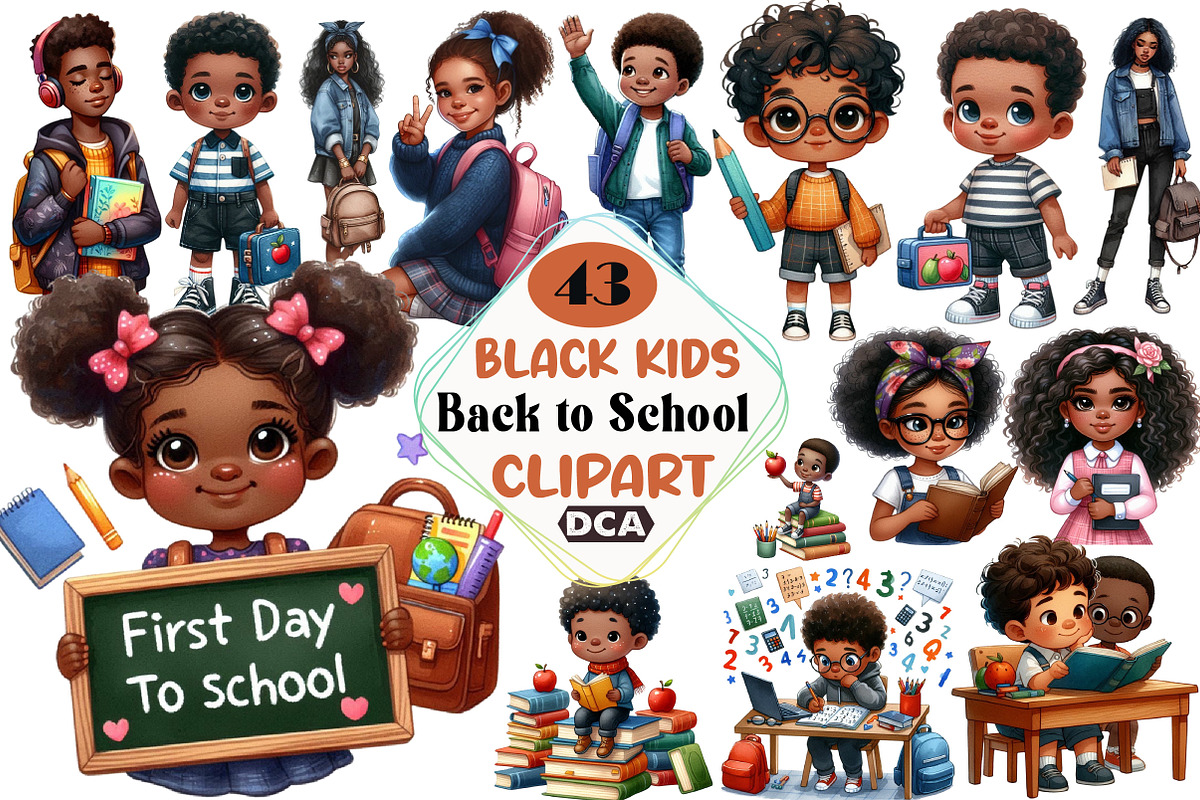 Black Kids Back to School - Clipart, an Illustration by DreamCafeArt (Photo 1 of 5)