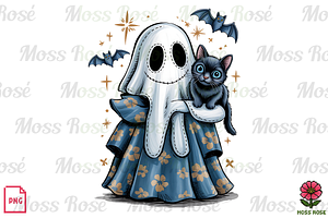 Smiling Ghost with Black Cat PNG, a Graphic by Moss Rose