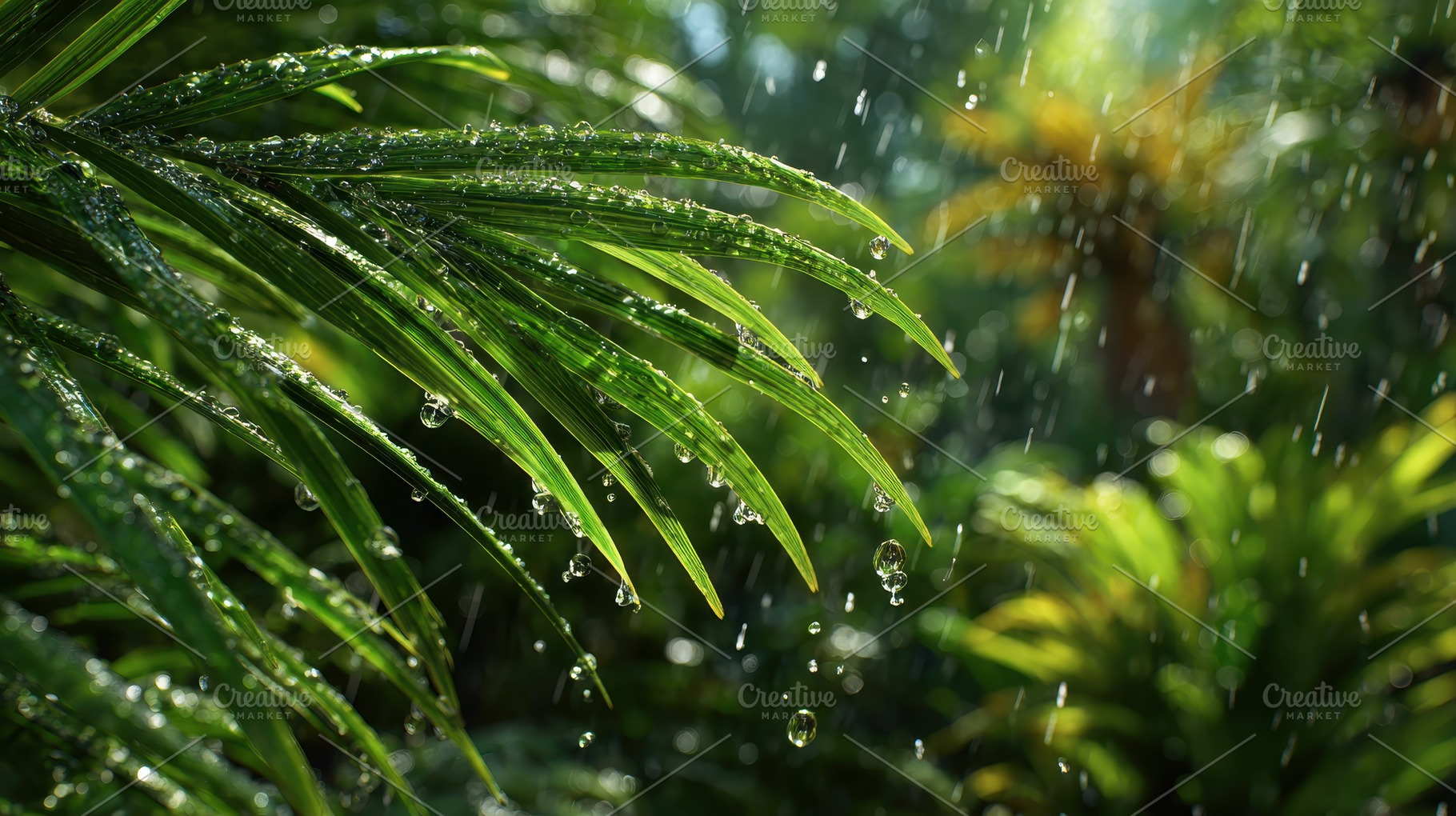 Rain drops on lush green palm leaves, a Photo by Pixeness Studio