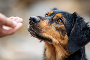 Loyal dog looking up at a hand, an Animal Photo by MistyDay