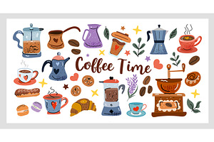 Coffee Time Set a cozy hand drawn