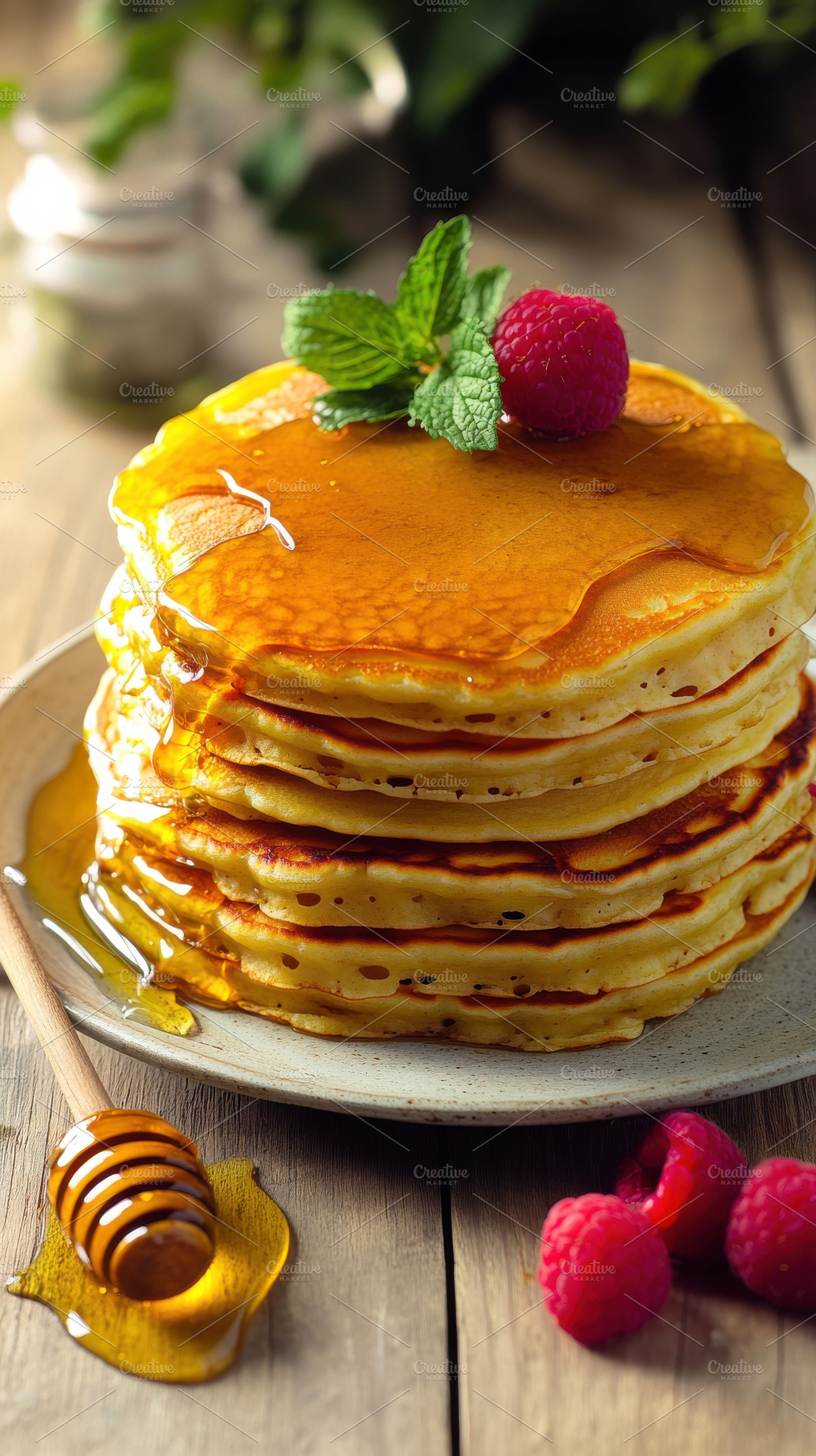 Golden Pancakes Topped with Honey, a Food & Drink Photo by Virgo Studio