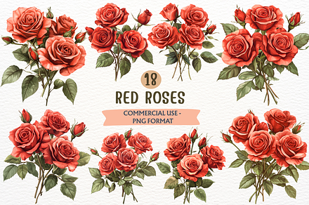 Watercolor Red Roses Floral Clipart, a Decorative Illustration by SugarCloudStudioArt