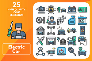Electric Car 25 Line Filled Icons, an Icon by Pexelpy
