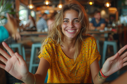 Joyous Young Woman Greeting Someone Enthusiastically in a Busy Cafe, a Photo by AS photostudio