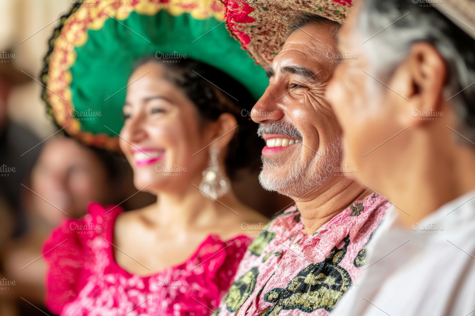 Cinco de Mayo celebration with smiling Hispanic people in tradit, a Photo by Dvoevnore photos