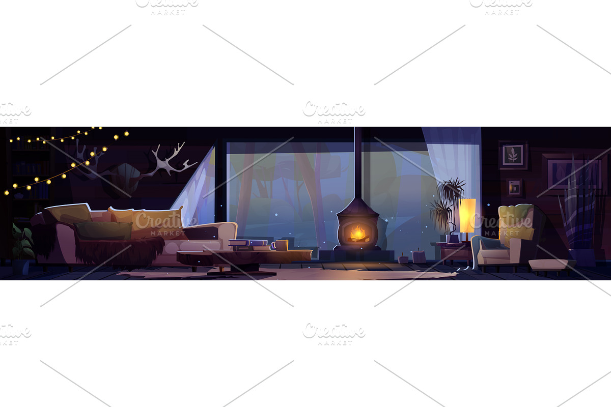 Warm cabin living room interior, an Object Illustration by art PVP - market