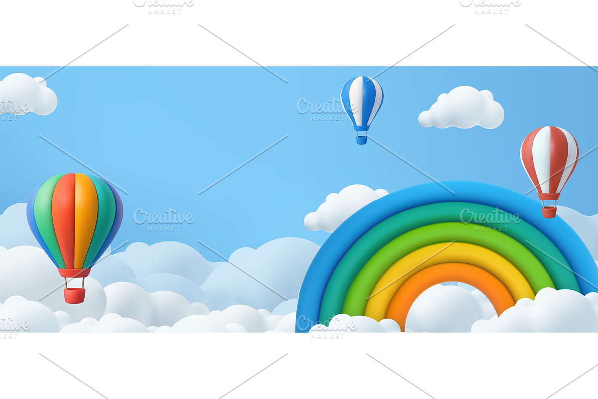 3D Hot Air Balloons and Rainbow in, a Transportation Illustration by ModVector