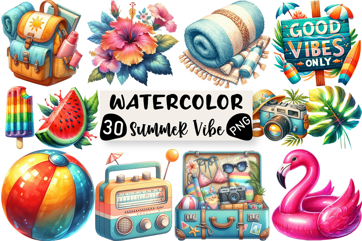 Watercolor Summer Vibe Clipart, an Illustration by Black Bird Studio (Photo 1 of 6)