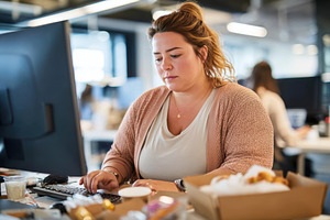 Bored overweight woman eating fast food in office setting, a Person Photo by AlyaAnd