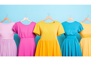 Vibrant dresses on hangers against, a Beauty & Fashion Photo by Lermont51