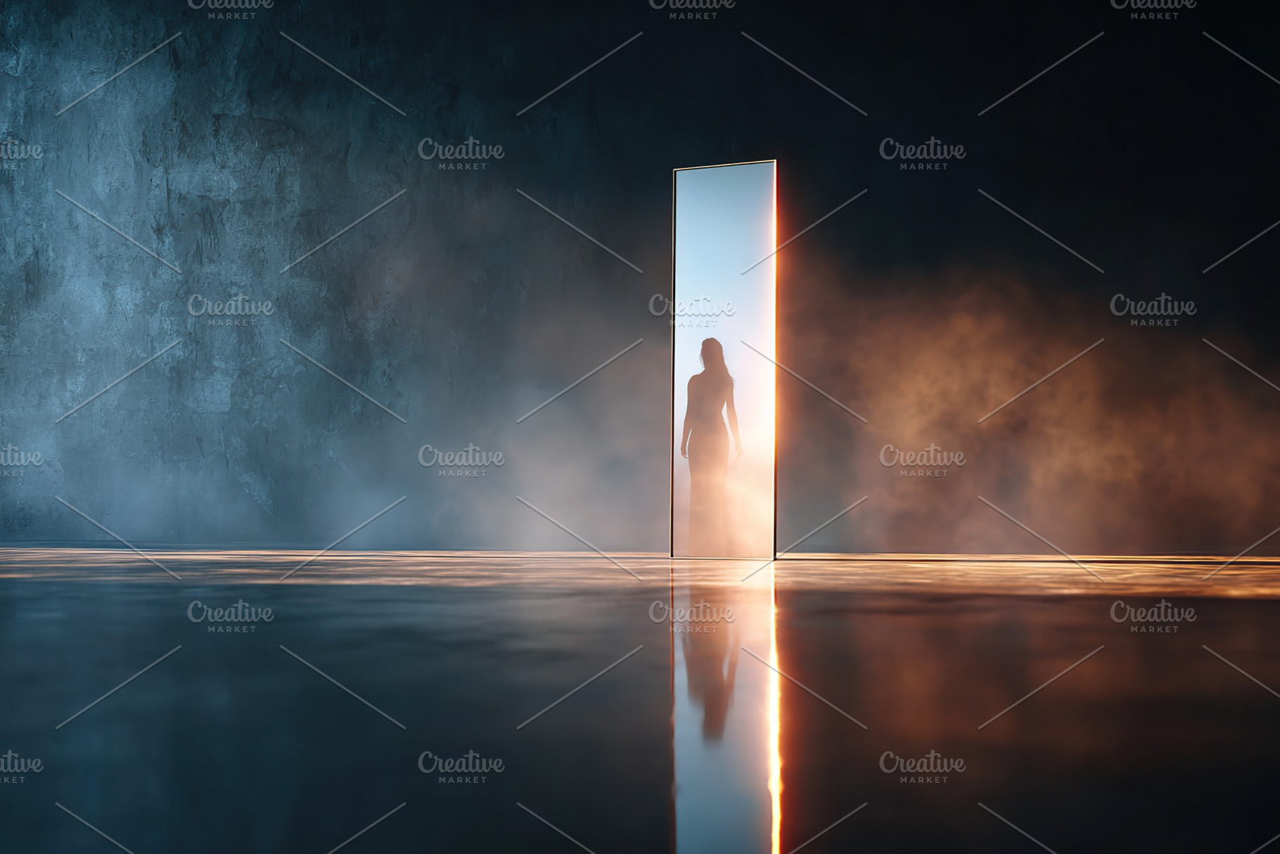 Mysterious figure emerges from glowing doorway in a dark, foggy space, a Background Photo by AlyaAnd