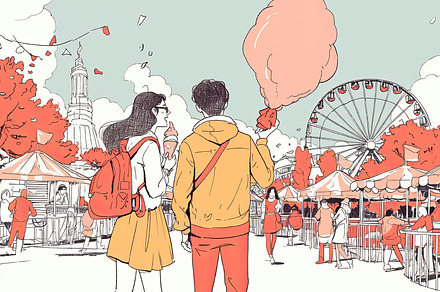 Happy young friends enjoying cotton candy at outdoor carnival, an Illustration by AS photostudio