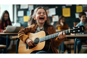 A joyful young girl playing an, a School & Education Photo by Sergey Kotenev
