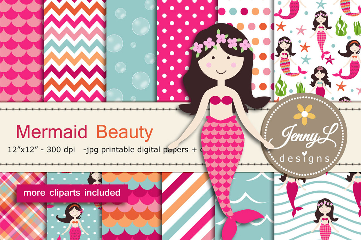 Mermaid Digital Paper & Clipart, a Pattern Graphic by JennyL Designs (Photo 1 of 5)