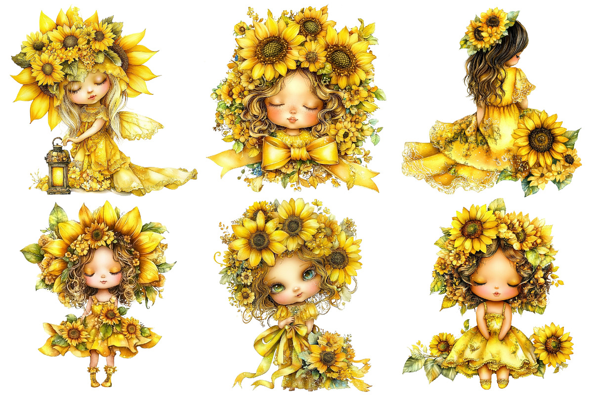Whimsical Sunflowers Girls Clipart, a Seasonal Illustration by CitraGraphics (Photo 2 of 6)
