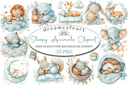 Watercolor Sleepy Animals Clipart, an Illustration by DreamCafeArt (Thumbnail 1 of 6)