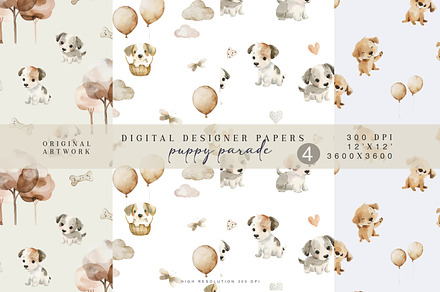 watercolor puppy seamless patterns
