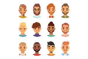 Various Expressions Bearded Man Face Avatar Fashion Hipster Hairstyle Head Person Mustache Vector Illustration.