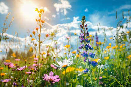 In a sunny field, wildflowers of dif, a Photo by Tanuart