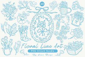 Floral Line Art PNG Bundle