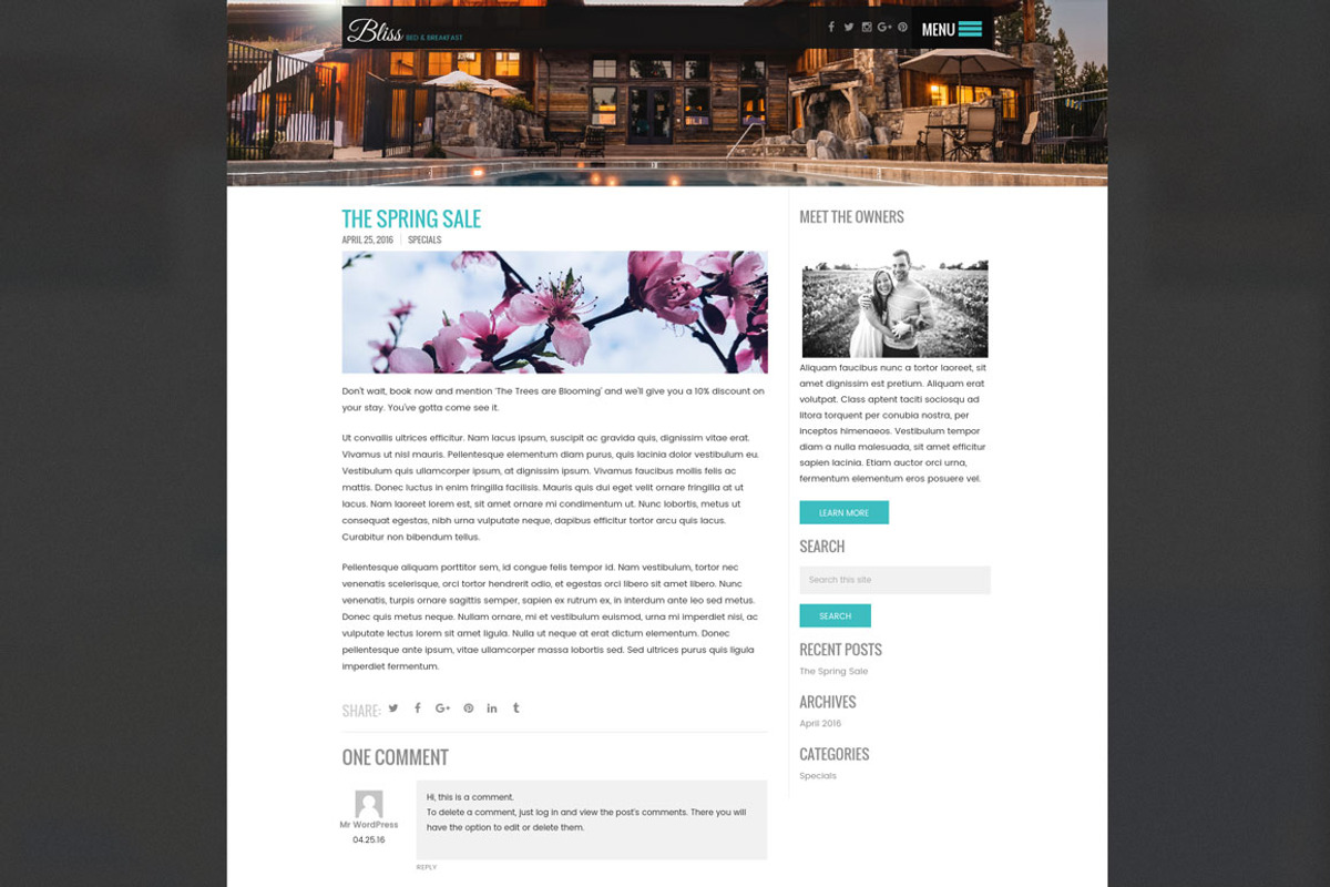 BnB, Cabin, Rental Wordpress Theme, a WordPress Template by Amped Themes (Photo 4 of 6)