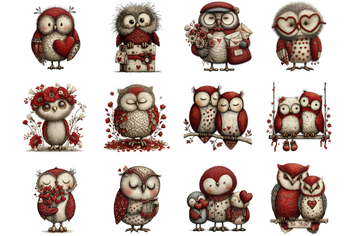 Whimsical Valentines Owls Clipart, an Illustration by Designking (Photo 3 of 5)