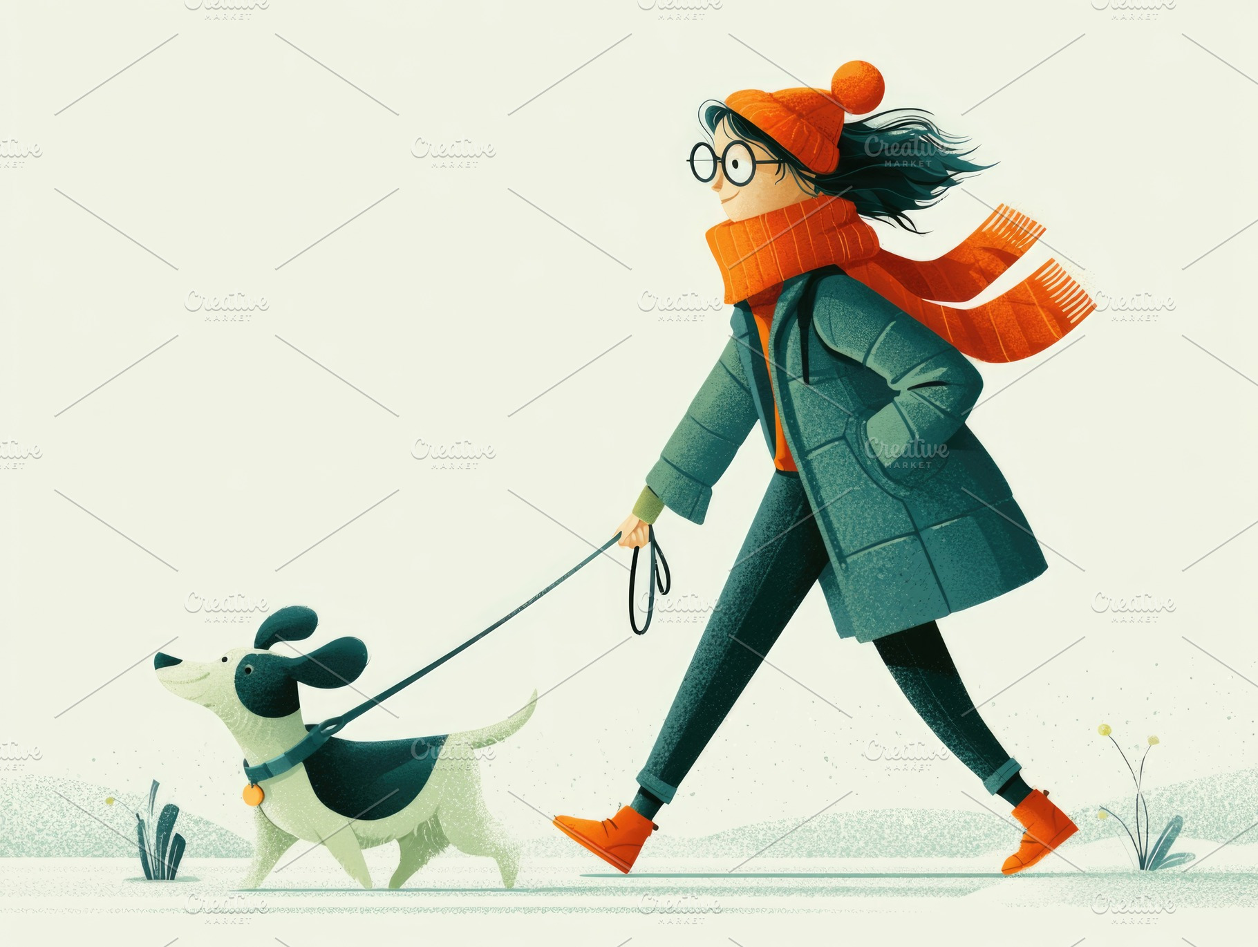 Woman walking dog in winter outdoor lifestyle illustration, a Person Photo by José Manuel Gelpi