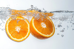 Sliced orange falling into water on white background, a Photo by AlyaAnd