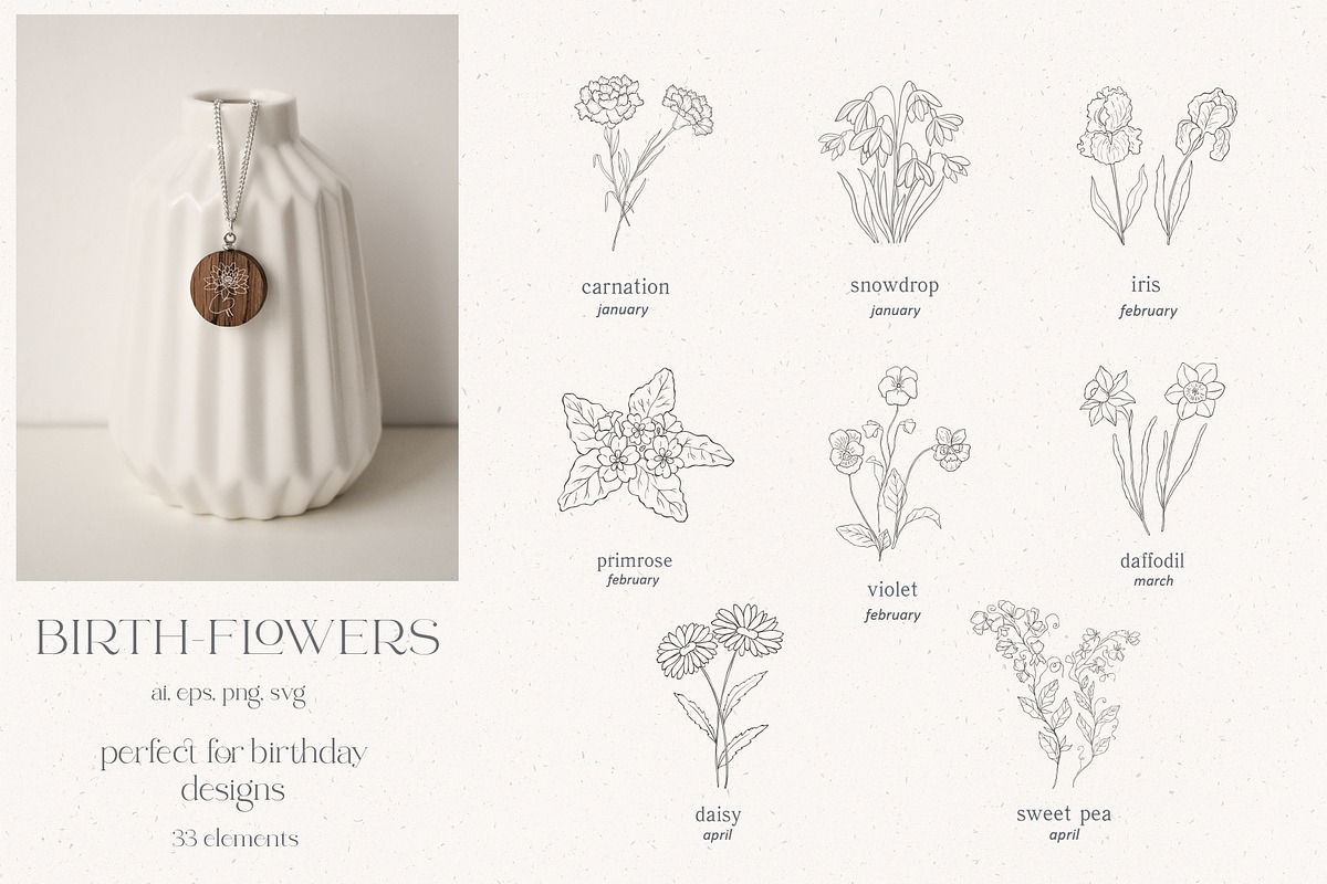 Birth-Flowers. Watercolor & Line Art, a Decorative Illustration by Designwork (Photo 8 of 14)