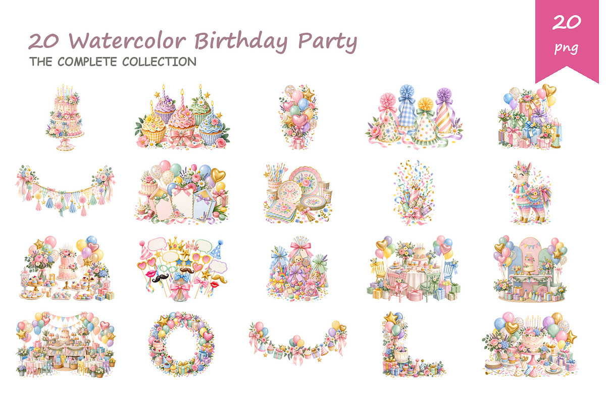 Watercolor Birthday Party Clipart, a Decorative Illustration by BerryPieArt (Photo 2 of 4)
