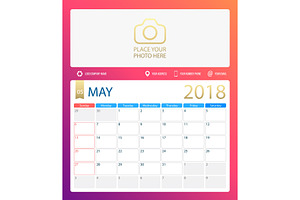 MAY 2018, Illustration Vector Calendar Or Desk Planner, Weeks Start On Sunday