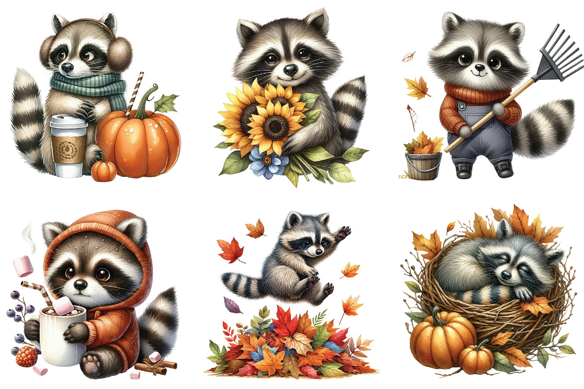 Autumn Raccoons Clipart, an Illustration by DreamArtGraphic (Photo 4 of 5)
