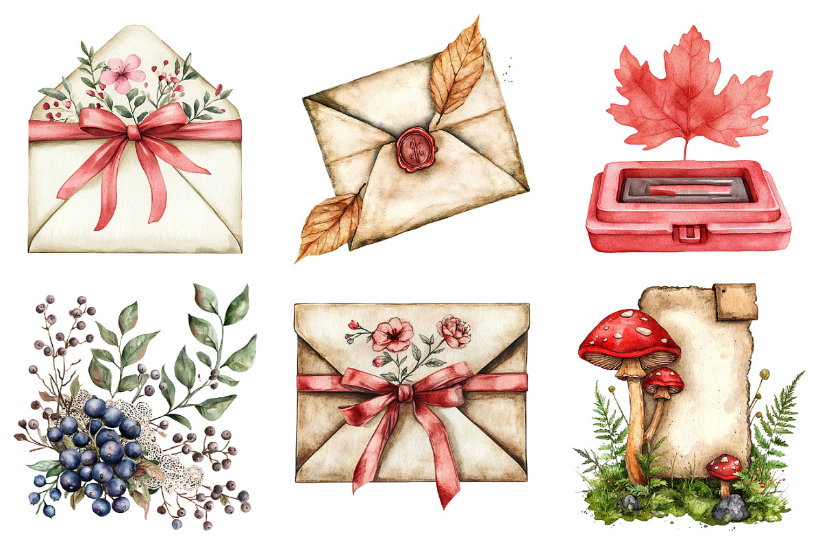Red Vintage Fall Ephemera Clipart, an Illustration by Watercolor design (Photo 5 of 5)