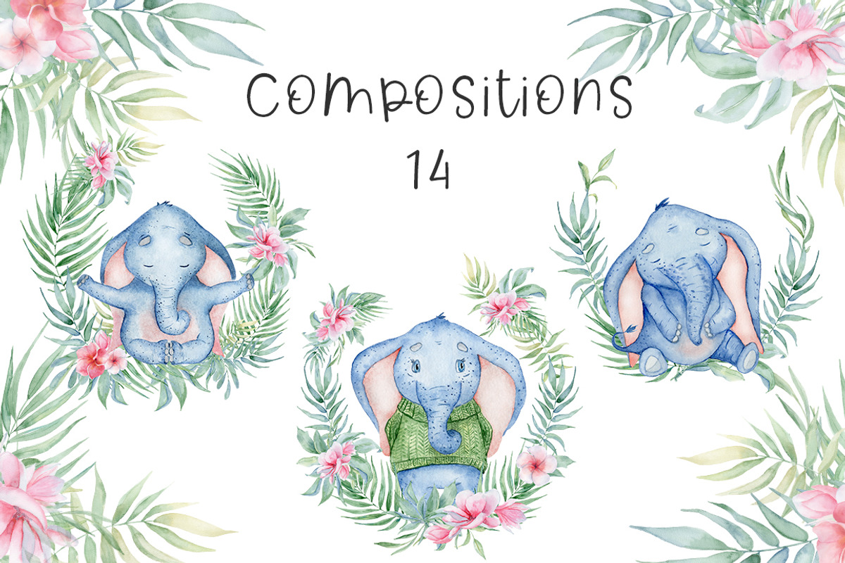 Lovely Elephants Watercolor set, an Animal Illustration by Evgeniia