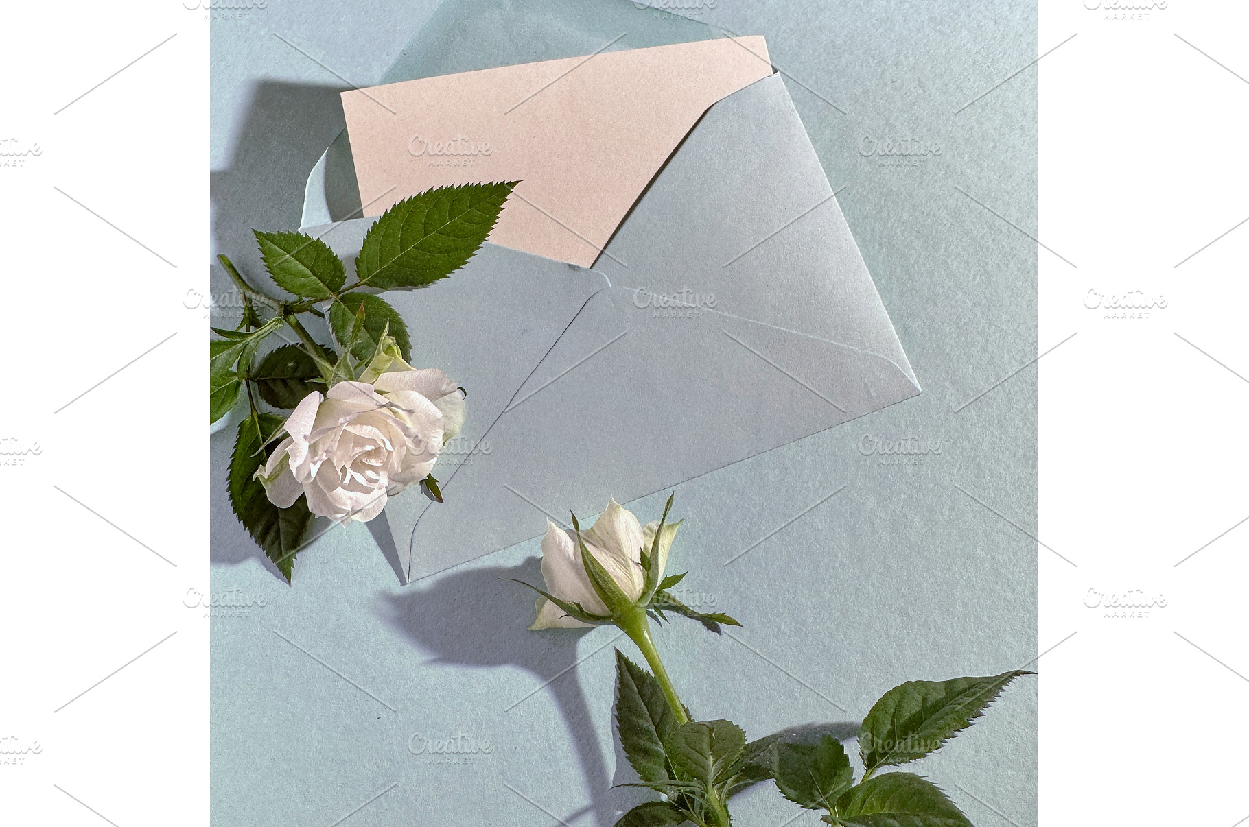Open pastel blue envelope with blank, a Photo by tilialucida