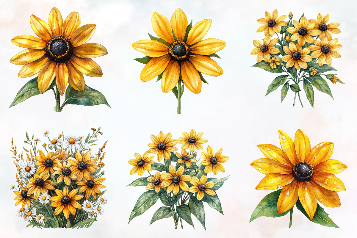 Black Eyed Susan Watercolor Cliparts, an Illustration by RobertsArt (Photo 7 of 7)