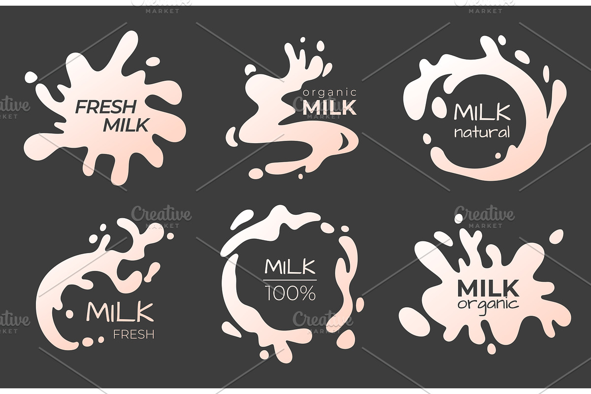 Milk splash labels set on black, an Illustration by art PVP - market