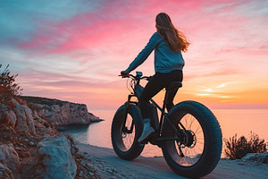 Woman enjoying an electric bike ride along a scenic coastal path at sunset, a Sports & Recreation Photo by AlyaAnd
