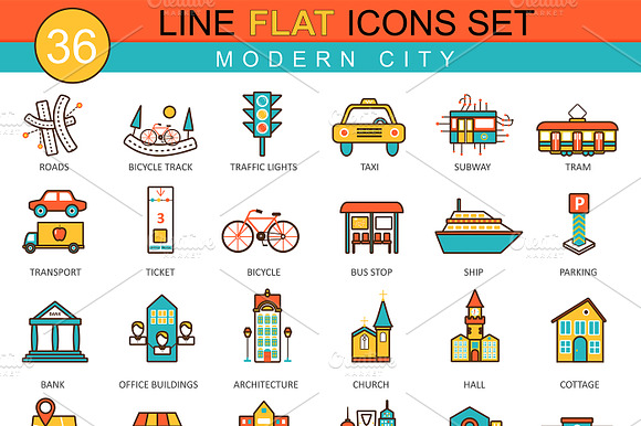 36 Modern City Flat Line Icons Set.
