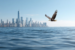 Bald eagle soaring over city skyline with calm waters in the foreground, a Photo by AlyaAnd